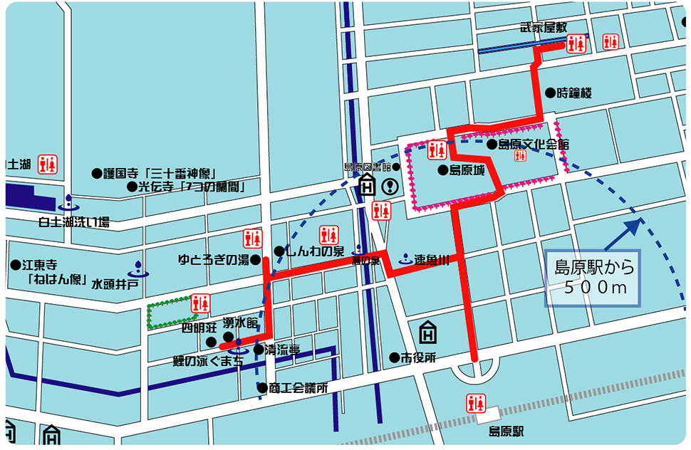 島原駅から観光スポットへの地図